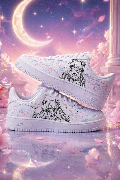 Baskets Nike Air force 1 custom - Sailor Moon et splash de peinture bleu et rose clair sneakeaze custom
