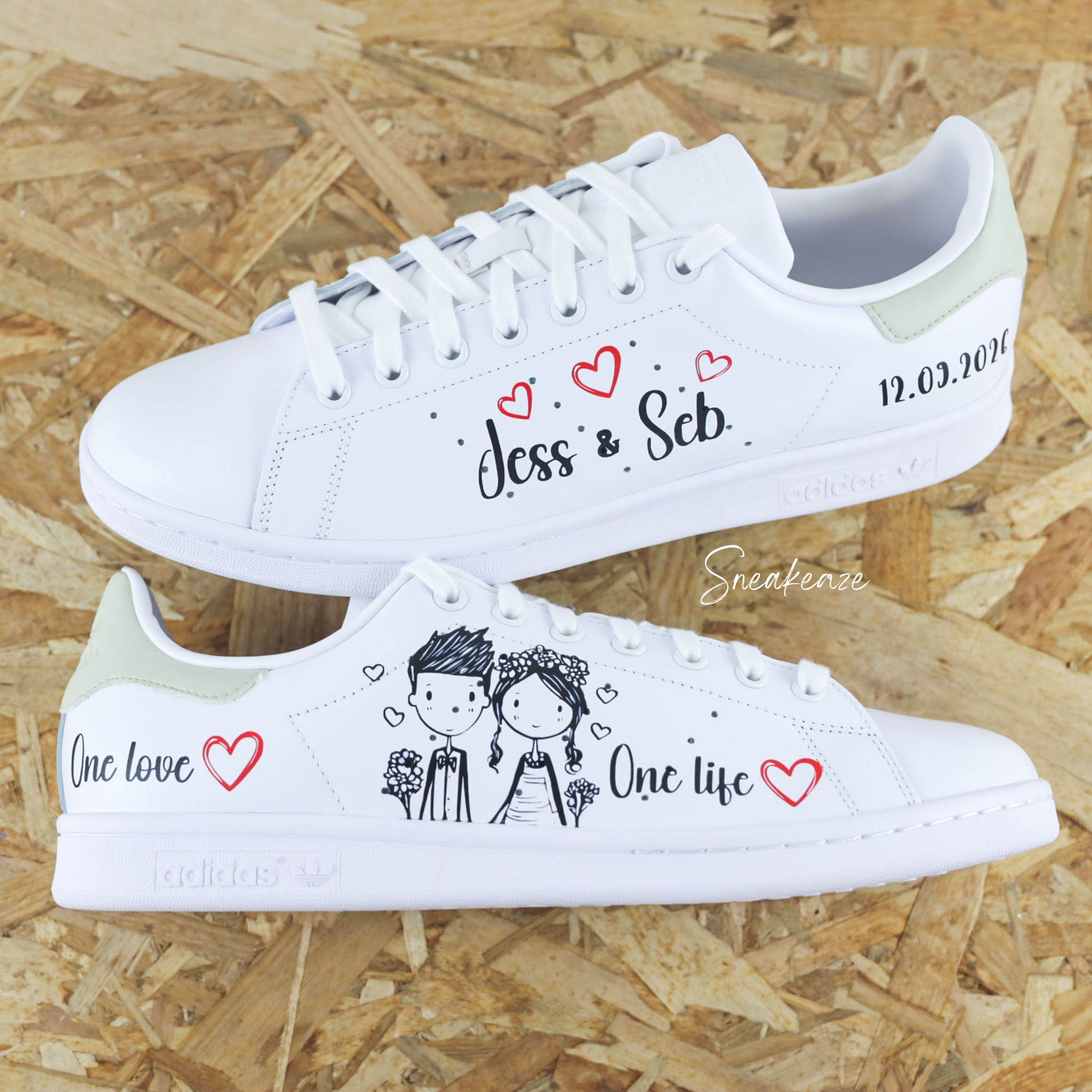 baskets Adidas stan smith custom mariage one love one life - inscription prénoms et date du mariage