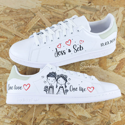 baskets Adidas stan smith custom mariage one love one life - inscription prénoms et date du mariage