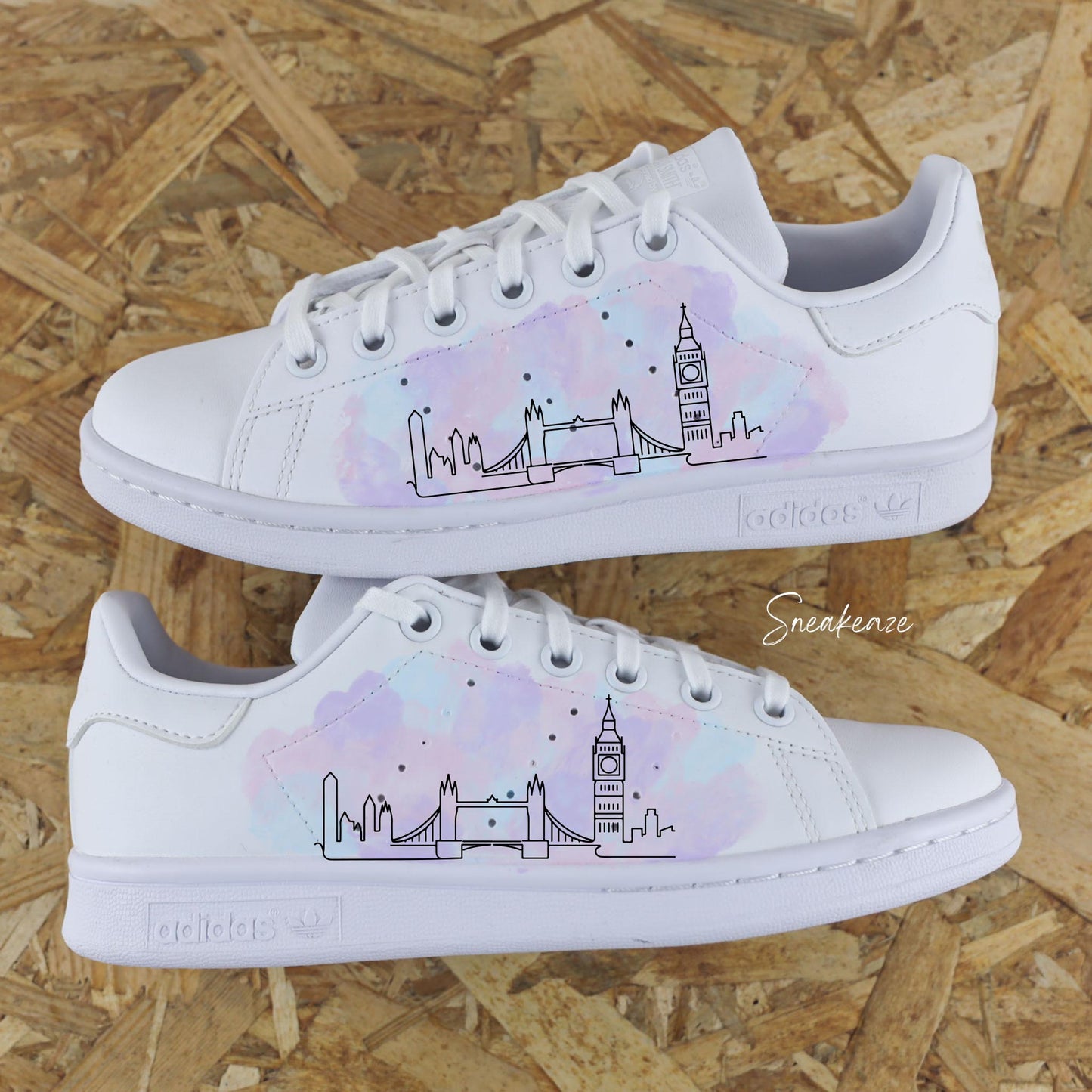 Baskets Adidas Stan Smith custom dessin Line art Londres, effet aquarelle pastel.