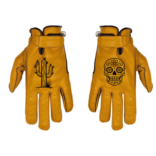 gants moto cuir jaune cactus skull calavera style biker western vintage gants cafe racer scrambler bobber
