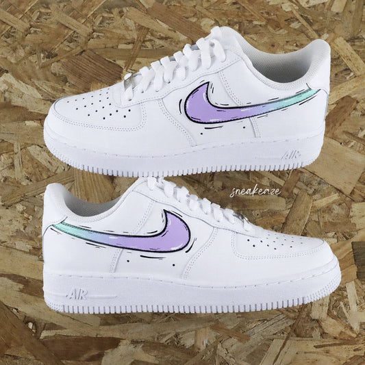 Nike Air Force 1 custom style cartoon avec Swoosh dégradé violet et vert menthe - Sneakeaze