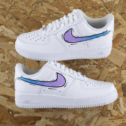 Nike air force 1 custom style cartoon avec Swoosh dégradé violet et bleu - Sneakeaze
