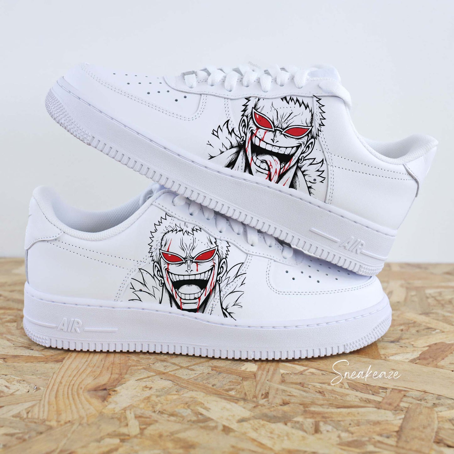 Chaussures Nike Air Force 1 custom One Piece avec une illustration du Capitaine Corsaire Doflamingo 