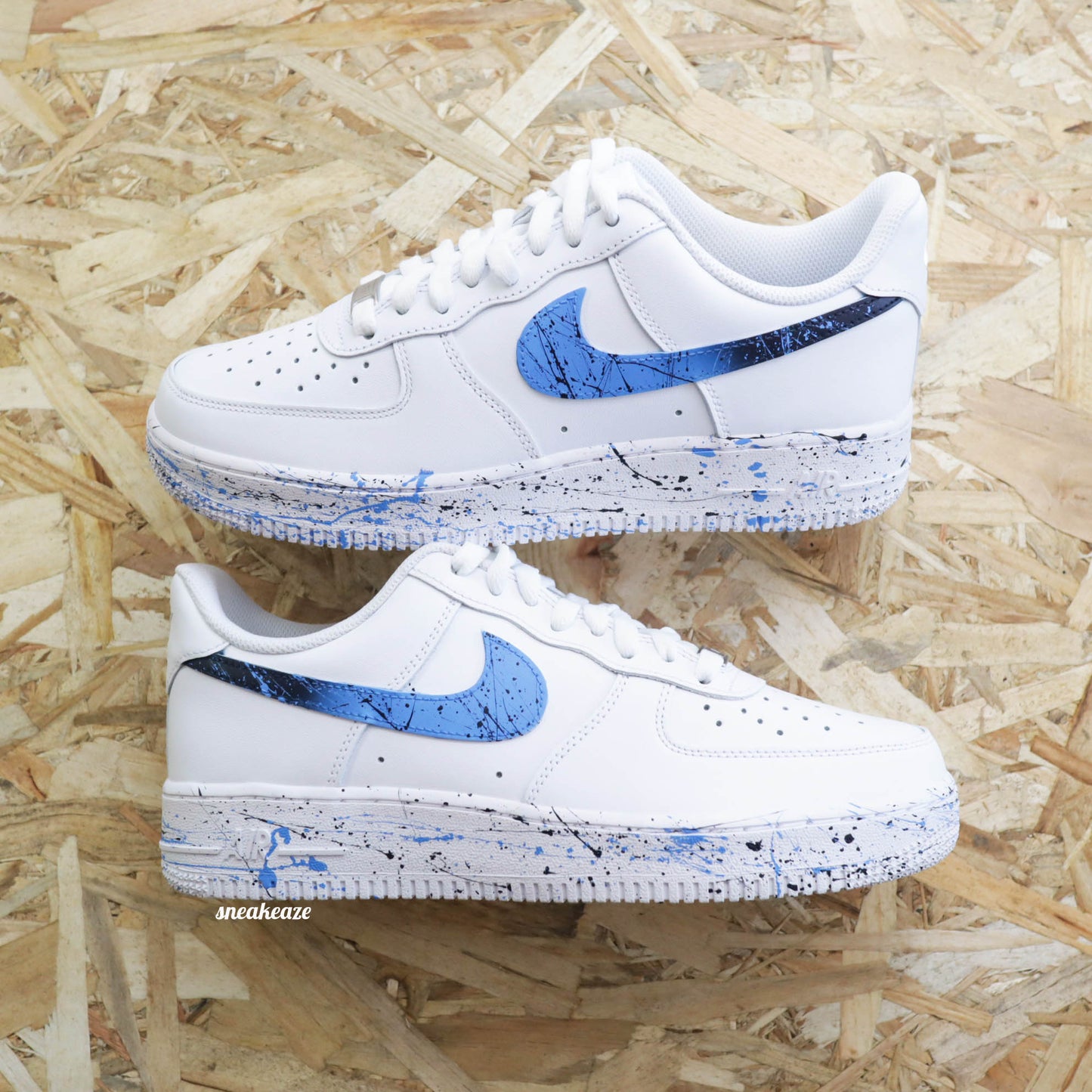 Nike Air Force 1 customisée avec Swoosh dégradé flamboyant et éclaboussures bleu - Sneakeaze
