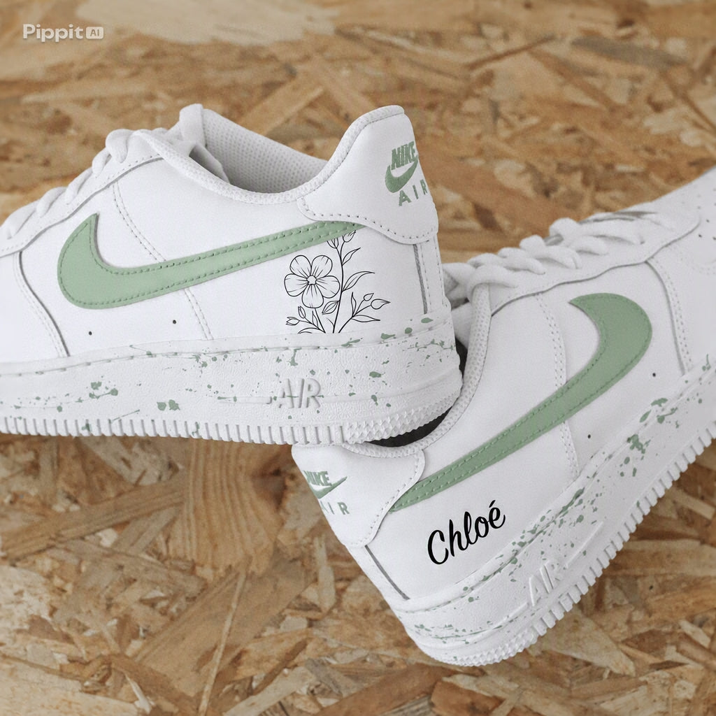 Nike air force 1 custom vert sauge pastel avec motif floral et prénom personnalisé - Sneakeaze