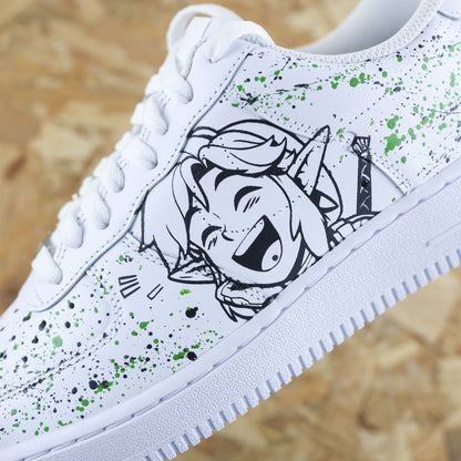 Baskets Nike Air force 1 custom - Zelda. Dessin de la princesse Zelda et du chevalier Link avec splash sneakeaze custom