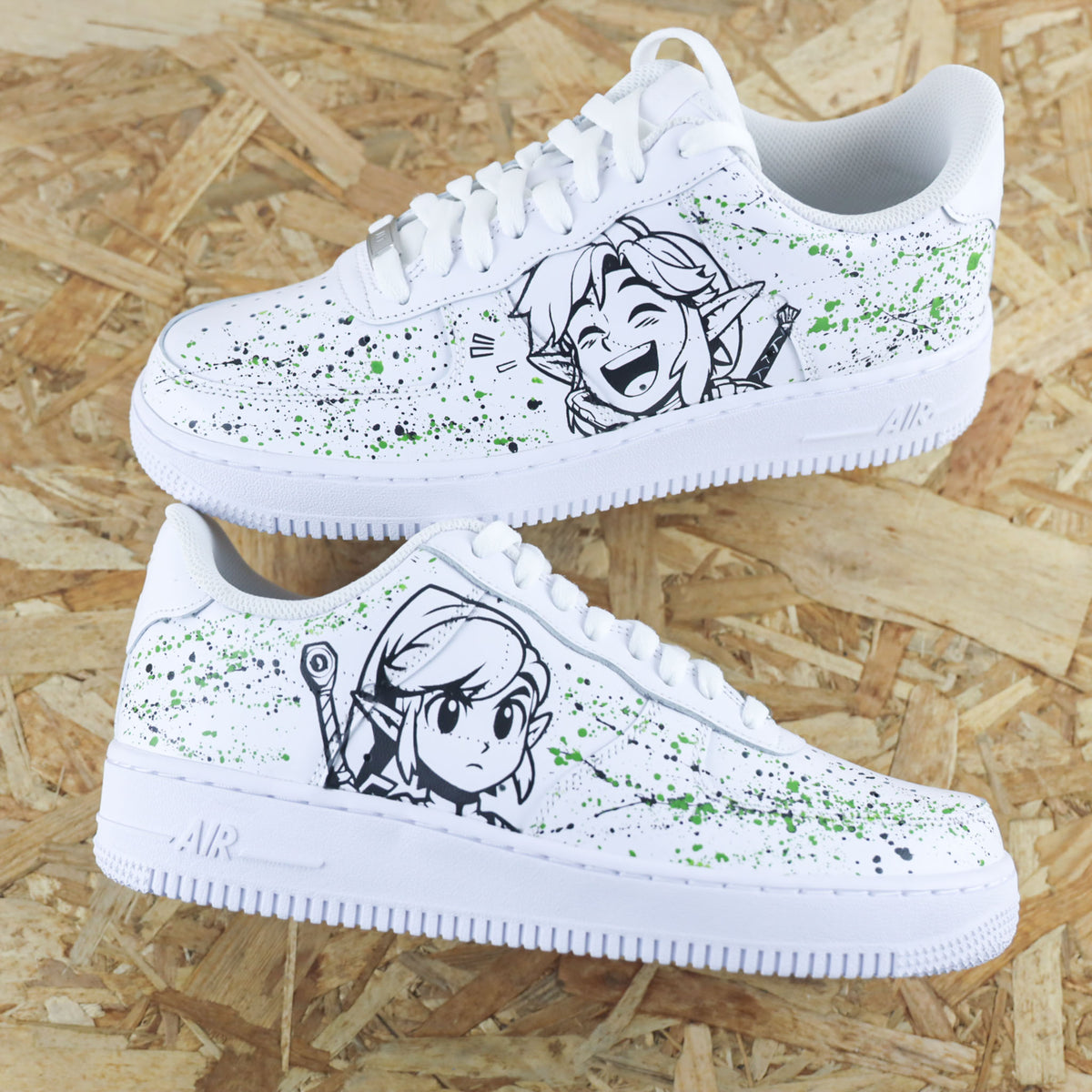 Baskets Nike Air force 1 custom - Zelda. Dessin de la princesse Zelda et du chevalier Link avec splash sneakeaze custom