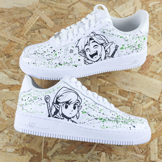 Baskets Nike Air force 1 custom - Zelda. Dessin de la princesse Zelda et du chevalier Link avec splash sneakeaze custom