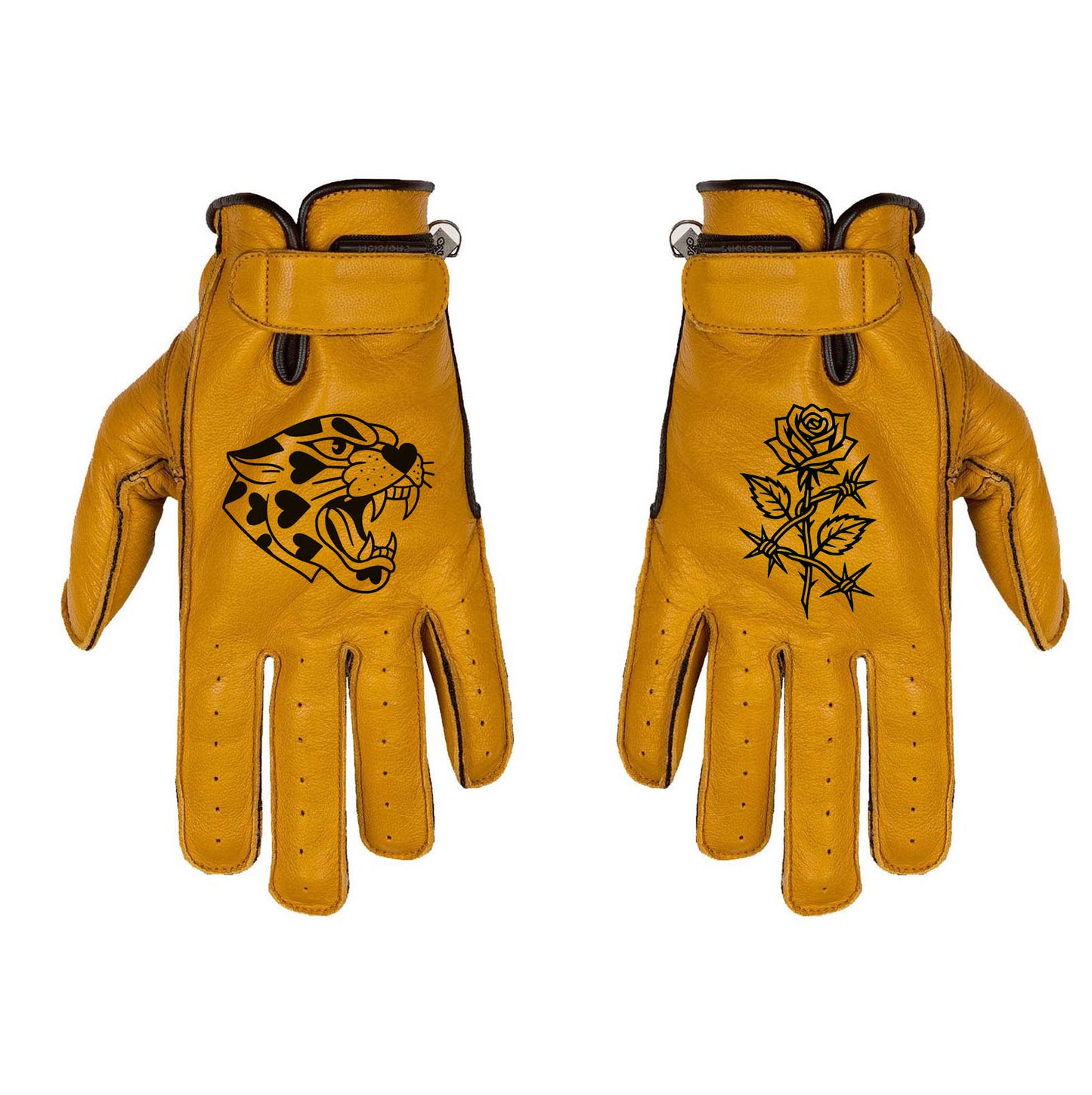 Gants custom panthère rose en cuir camel beige style moto vintage cafe racer scrambler