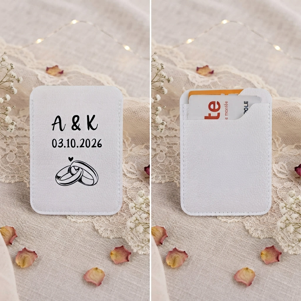 Porte-carte en simili cuir rose poudré personnalisé avec initiales et motif de mains entrelacées formant un cœur, parfait comme cadeau d'invité de mariage romantique