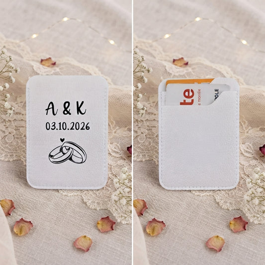 Porte-carte en simili cuir rose poudré personnalisé avec initiales et motif de mains entrelacées formant un cœur, parfait comme cadeau d'invité de mariage romantique