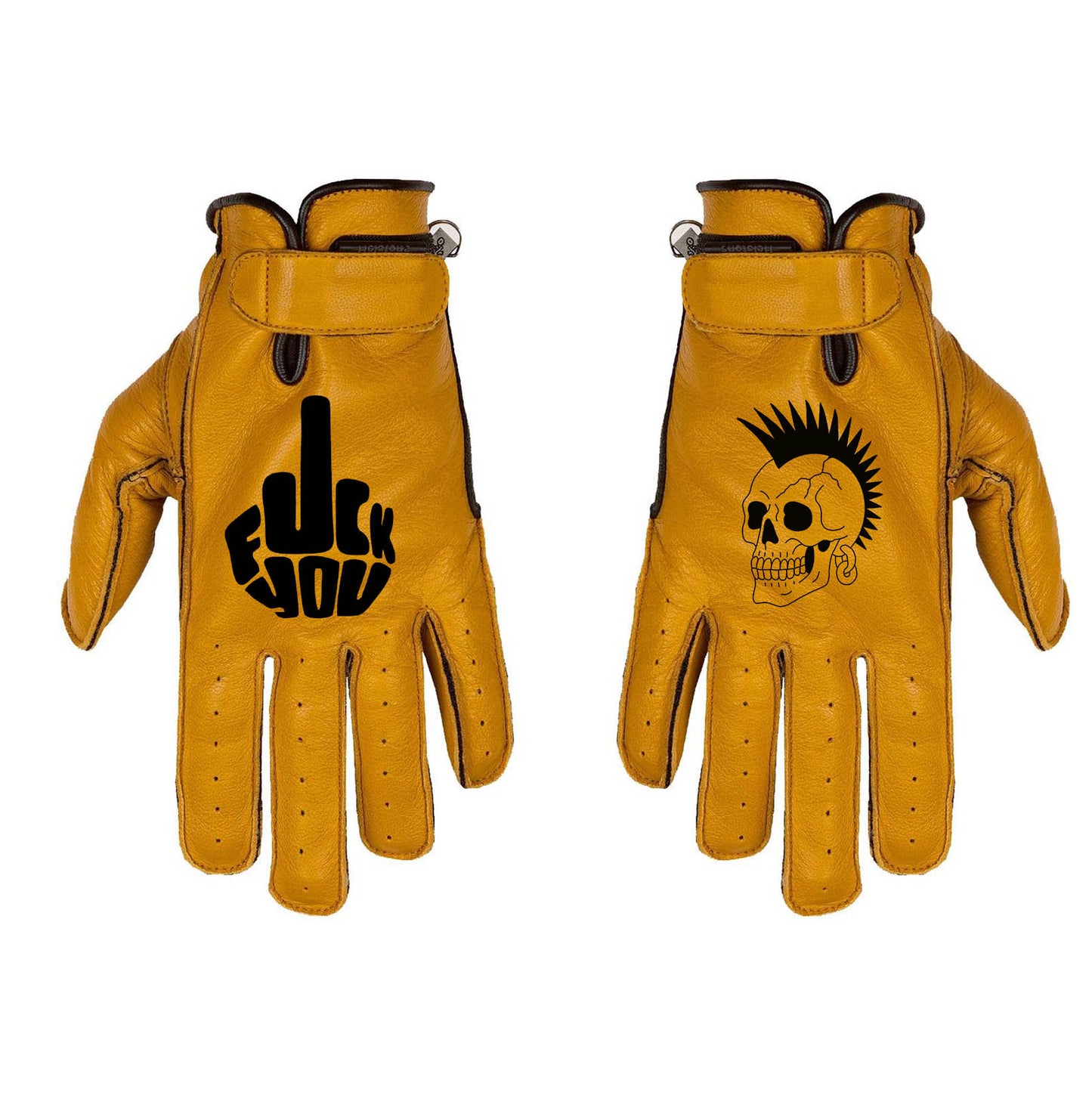 Gants custom Helstons en cuir jaune style rebel punk pour moto cafe racer scrambler Harley biker vintage avec design personnalisé skull punk