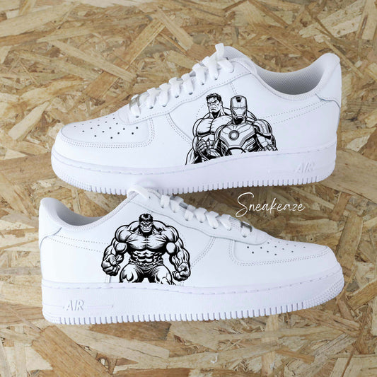 Baskets Nike Air force 1 custom dessin peint Hulk et Ironman des avengers 