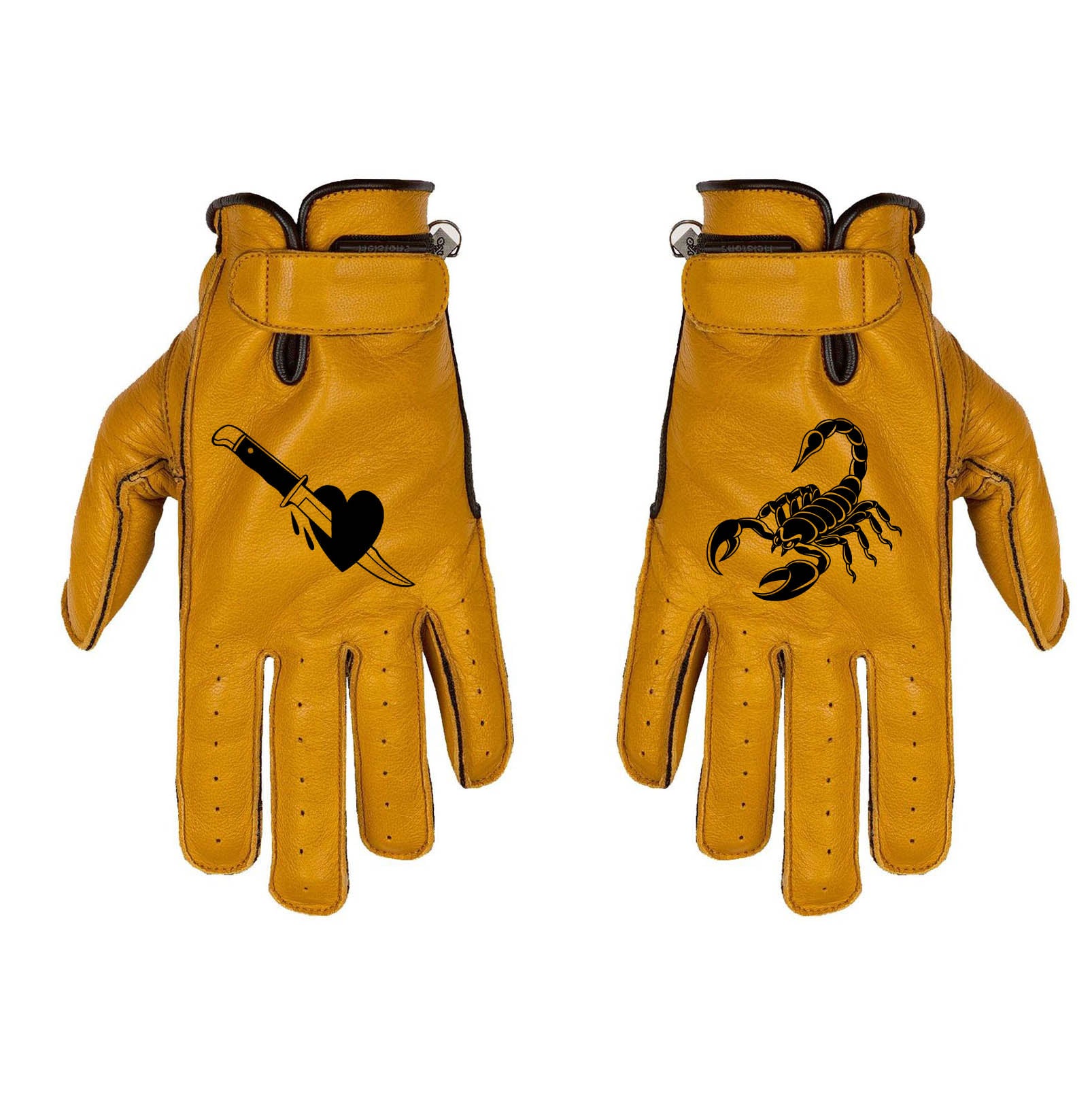 gants moto cuir jaune scorpion coeur poignard style biker dark vintage