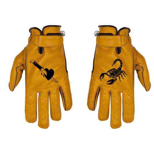 gants moto cuir jaune scorpion coeur poignard style biker dark vintage