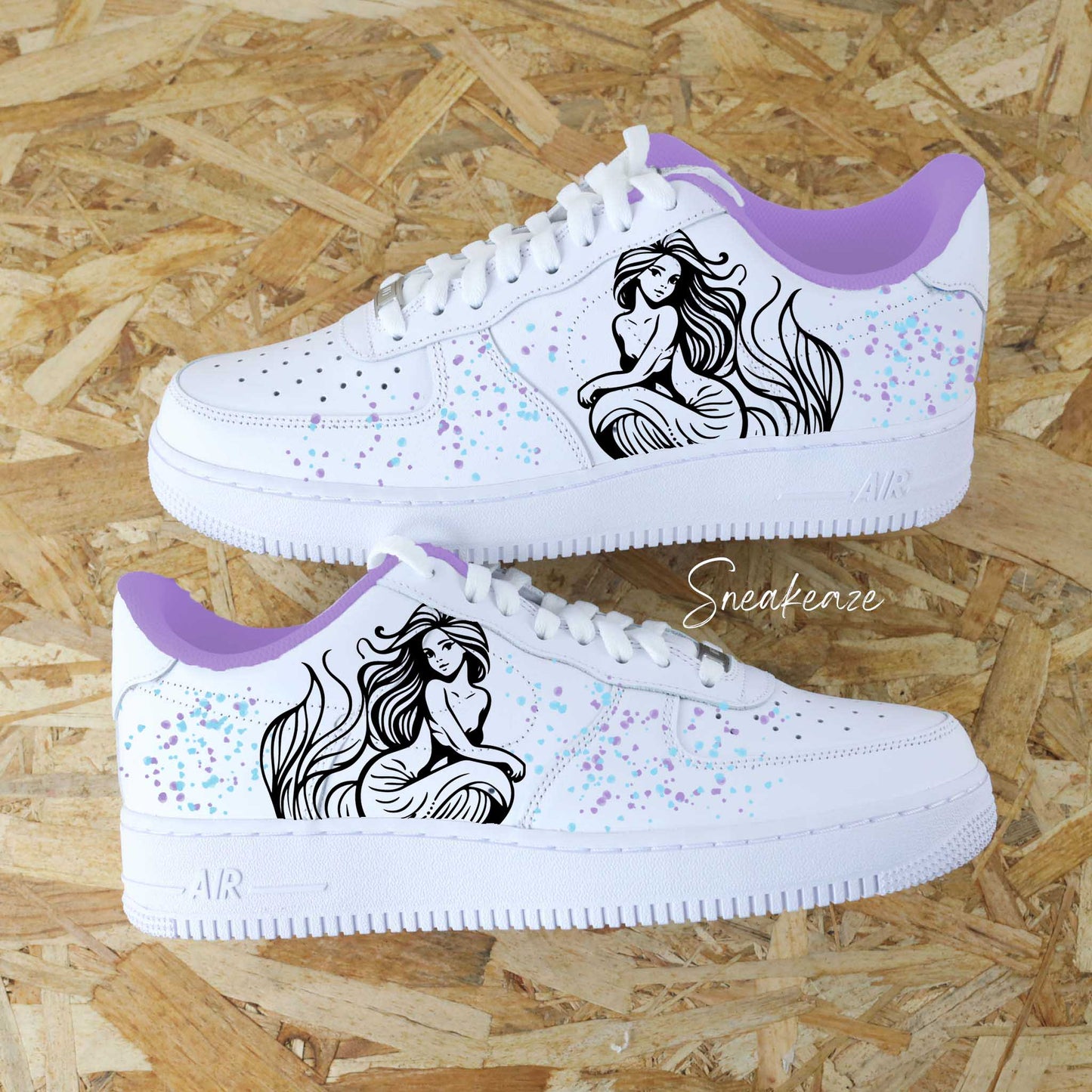 Baskets nike air force 1 custom peint à la main sirène splash bleu et violet pastel sneakeaze custom skz