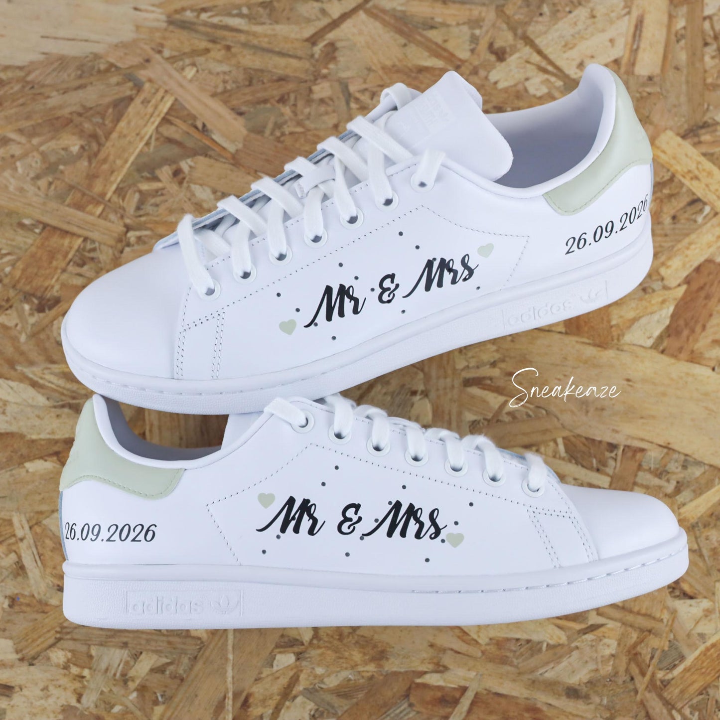 Mr & Mrs couleur vert sauge - Stan Smith custom mariage - SNEAKEAZE CUSTOMS