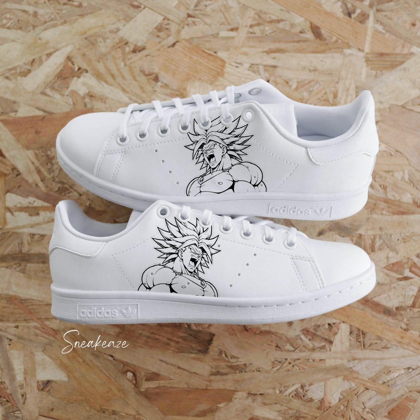 Chaussures stan smith dessin manga représentant le Super Saiyan Légendaire Broly avec des éclaboussures vertes. Sneakers custom dragon ball z pour homme ir force 1 custom dbz broly goku 