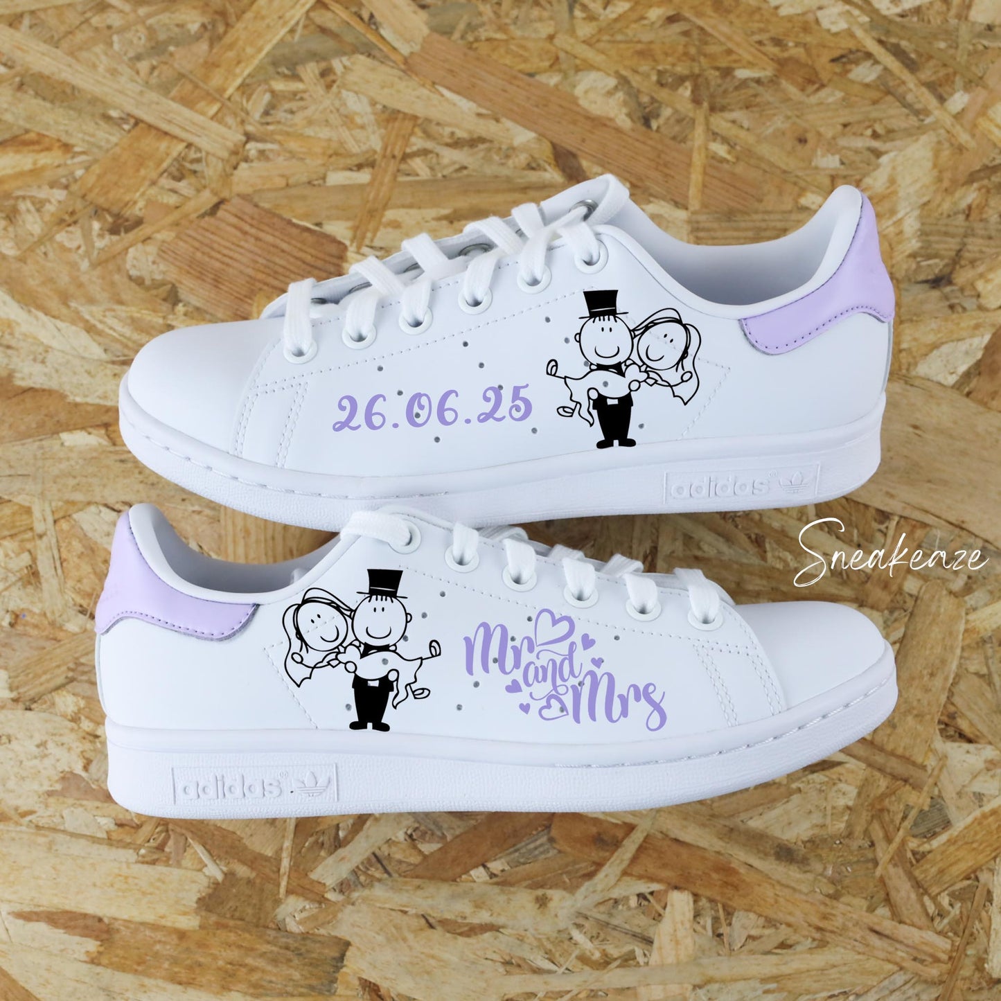 Baskets Adidas Stan smith custom - modèle mariage inscription de la date et de "mr and mrs"  lanvande couleur lila pastel sneakeaze customs skz wedding