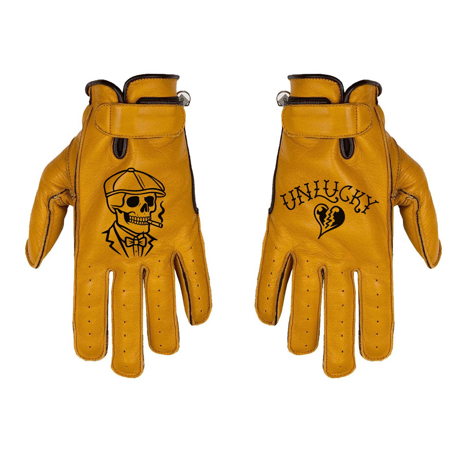 Gants moto cuir jaune vintage skull old school unlucky design biker