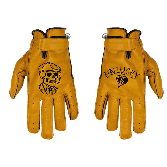 Gants moto cuir jaune vintage skull old school unlucky design biker