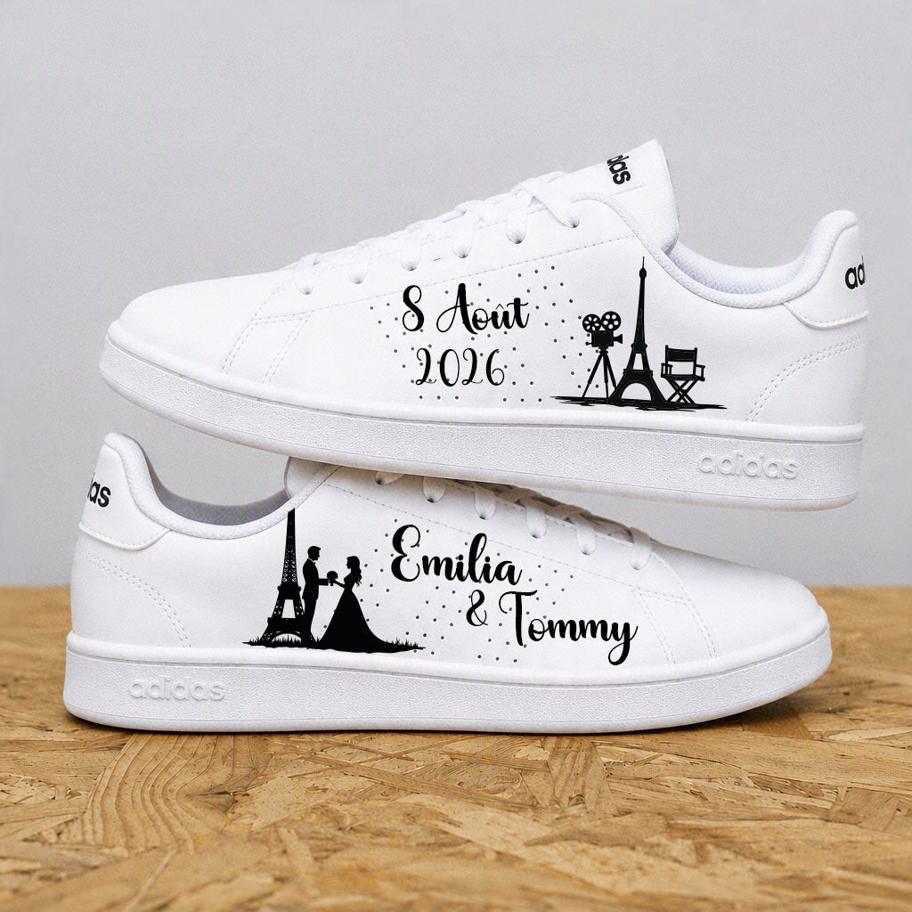 Paire de chaussures de mariée personnalisées sur le thème de Paris avec design romantique fait main