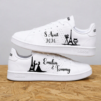 Paire de chaussures de mariée personnalisées sur le thème de Paris avec design romantique fait main