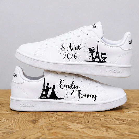 Paire de chaussures de mariée personnalisées sur le thème de Paris avec design romantique fait main