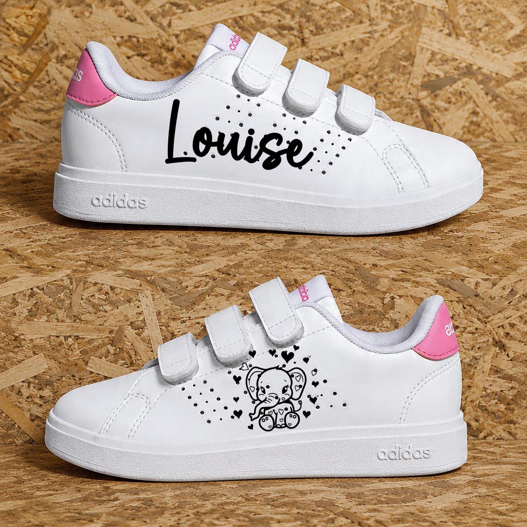 Adidas advantage custom enfant fille éléphant avec cœurs, éclaboussures roses et prénom personnalisé - Sneakeaze