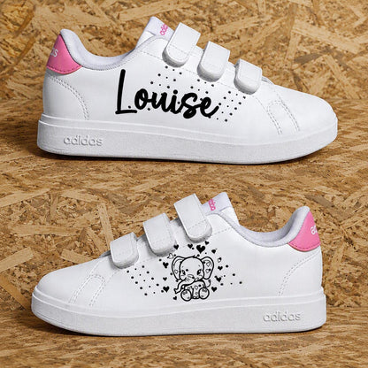 Adidas advantage custom enfant fille éléphant avec cœurs, éclaboussures roses et prénom personnalisé - Sneakeaze