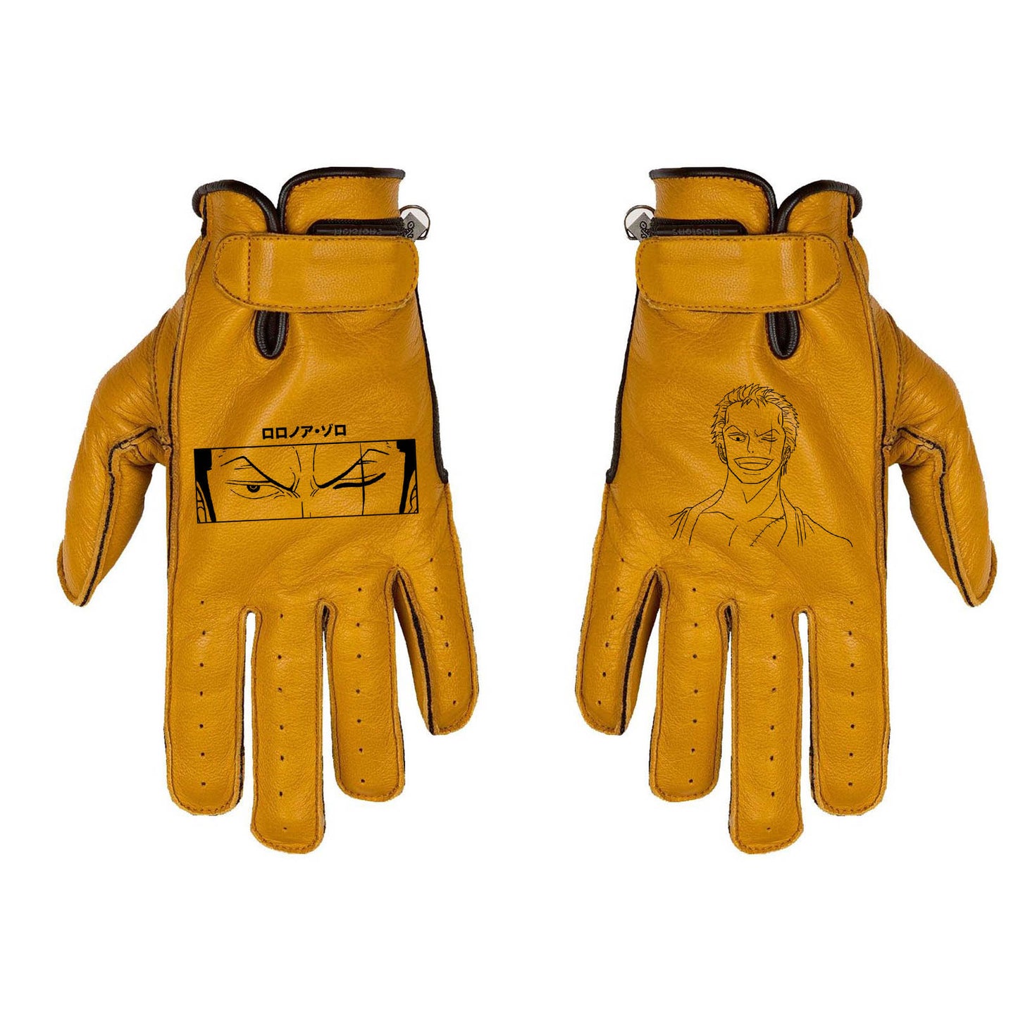 Gants custom Zoro one piece en cuir camel beige style cafe racer vintage personnalisés