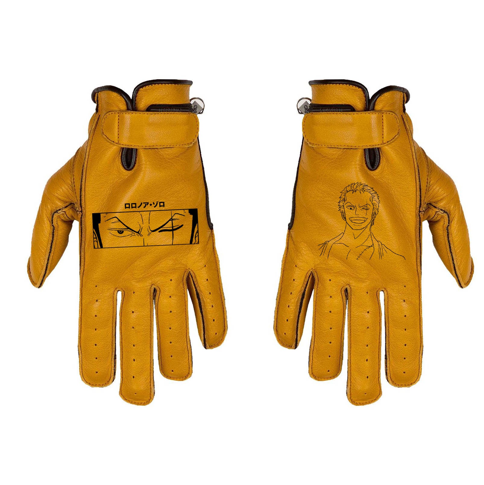 Gants custom Zoro one piece en cuir camel beige style cafe racer vintage personnalisés