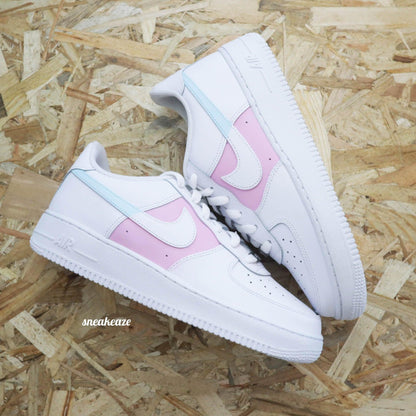 baskets nike air force 1 customs dual bicolore pastel baby blue baby pink skz sneakeaze