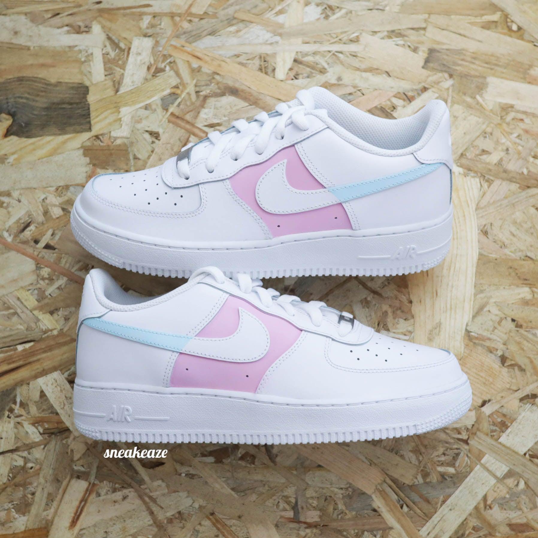 baskets nike air force 1 customs dual bicolore pastel baby blue baby pink skz sneakeaze