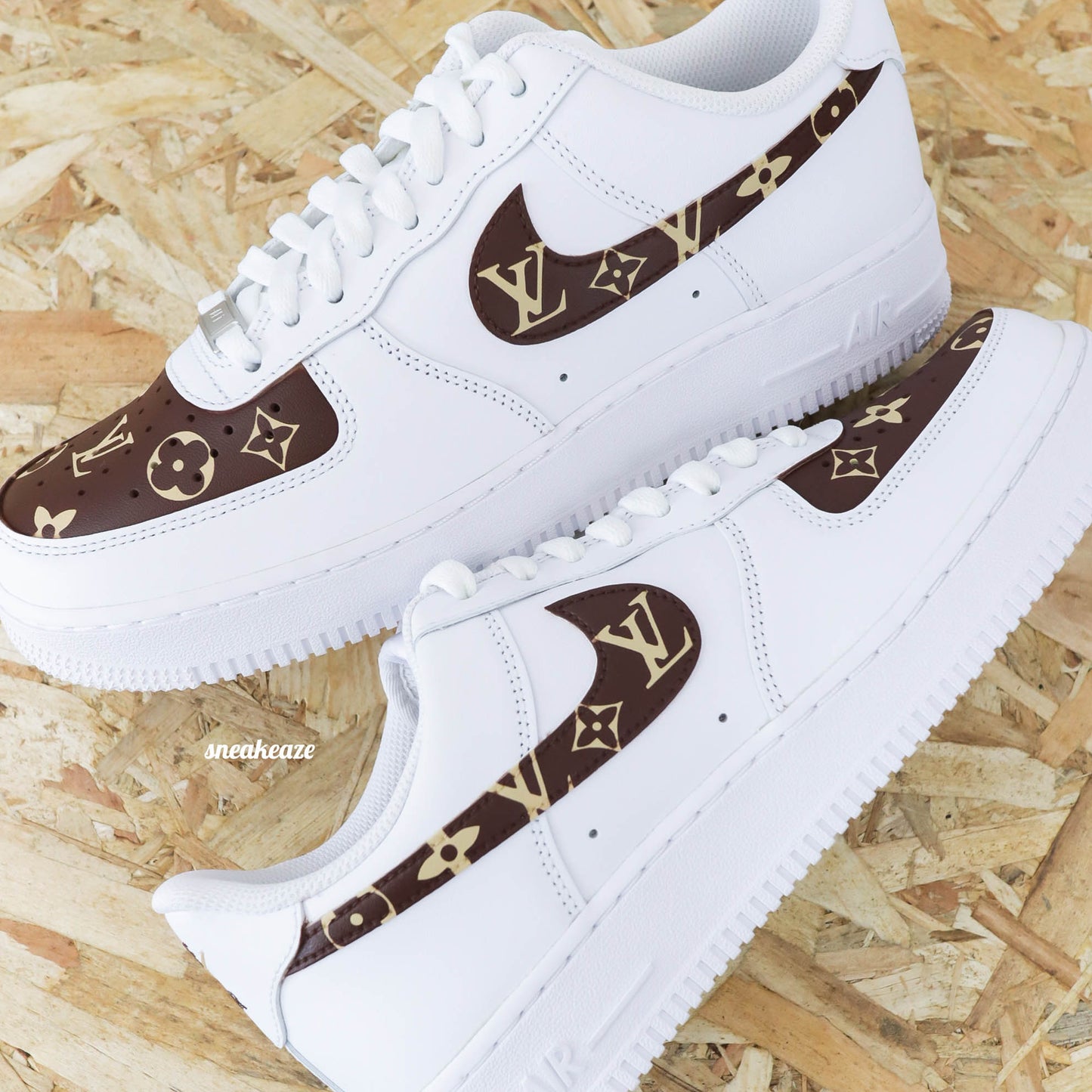 nike air force 1 custom lv louis vuitton beige hype luxe sneakers af1 sneakeaze luxury brand