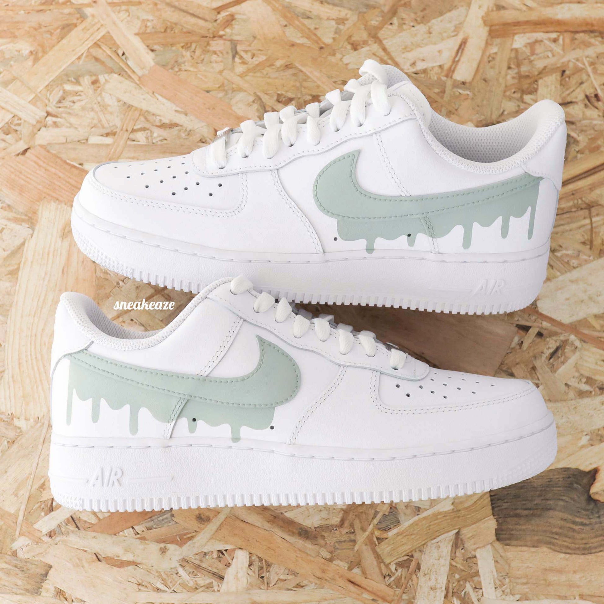 nike air force 1 custom drip vert de gris sneakers custom nike sage green baskets personnalisées air force femme